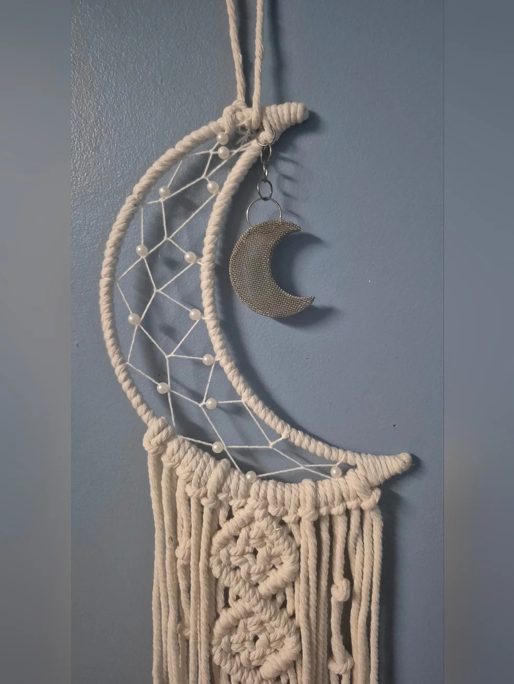 Bohemian Crescent Moon Cream Tone Macrame Dream Catcher Wall Hanging